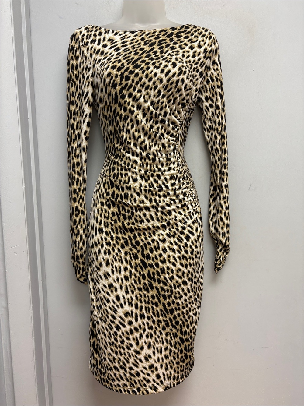 Carmen Marc Valvo Leopard Print Ruched Sheath Dress Size Small